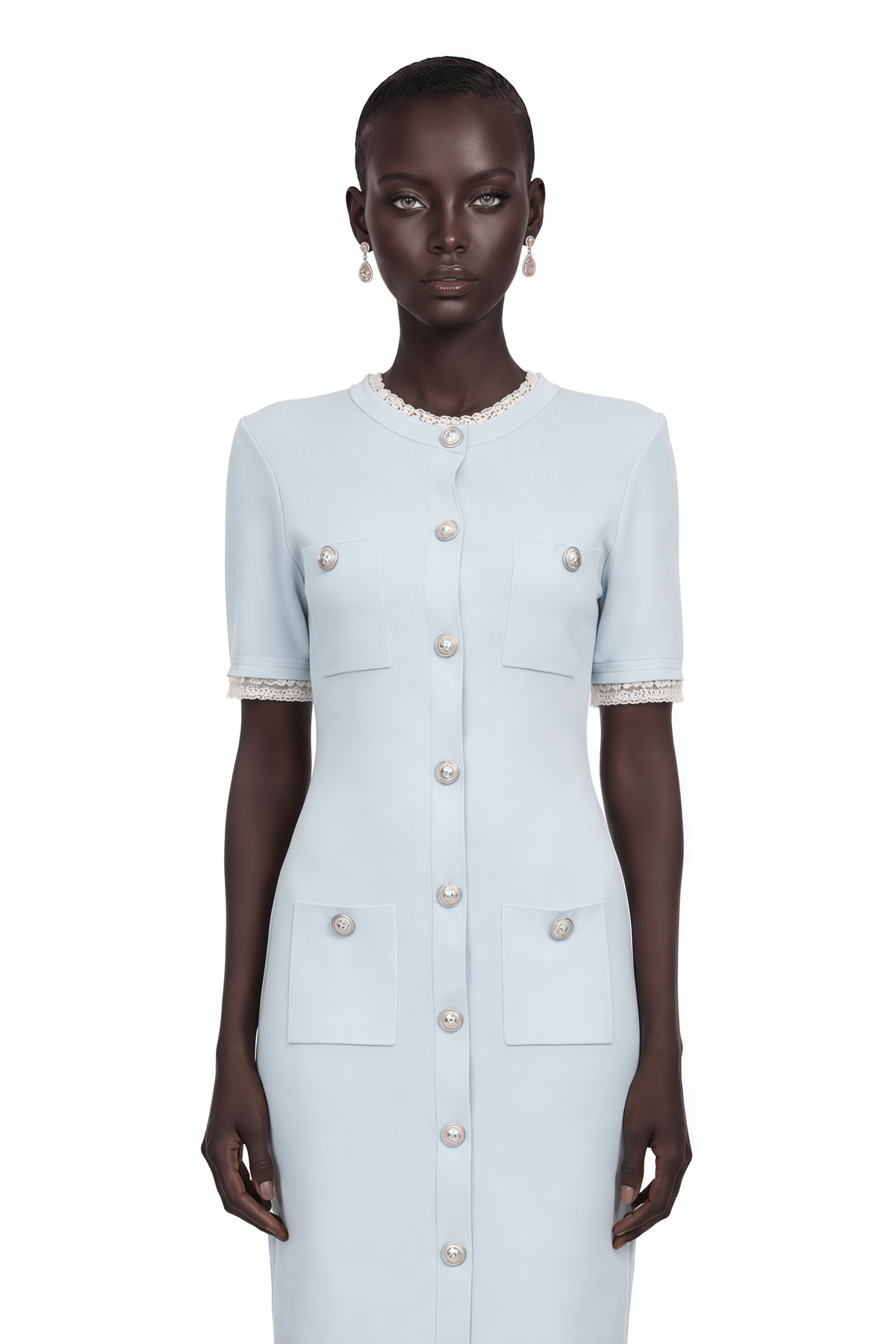 Mélisande Fırfırlı ve Düğme Detaylı Triko Midi Elbise Açık Mavi
