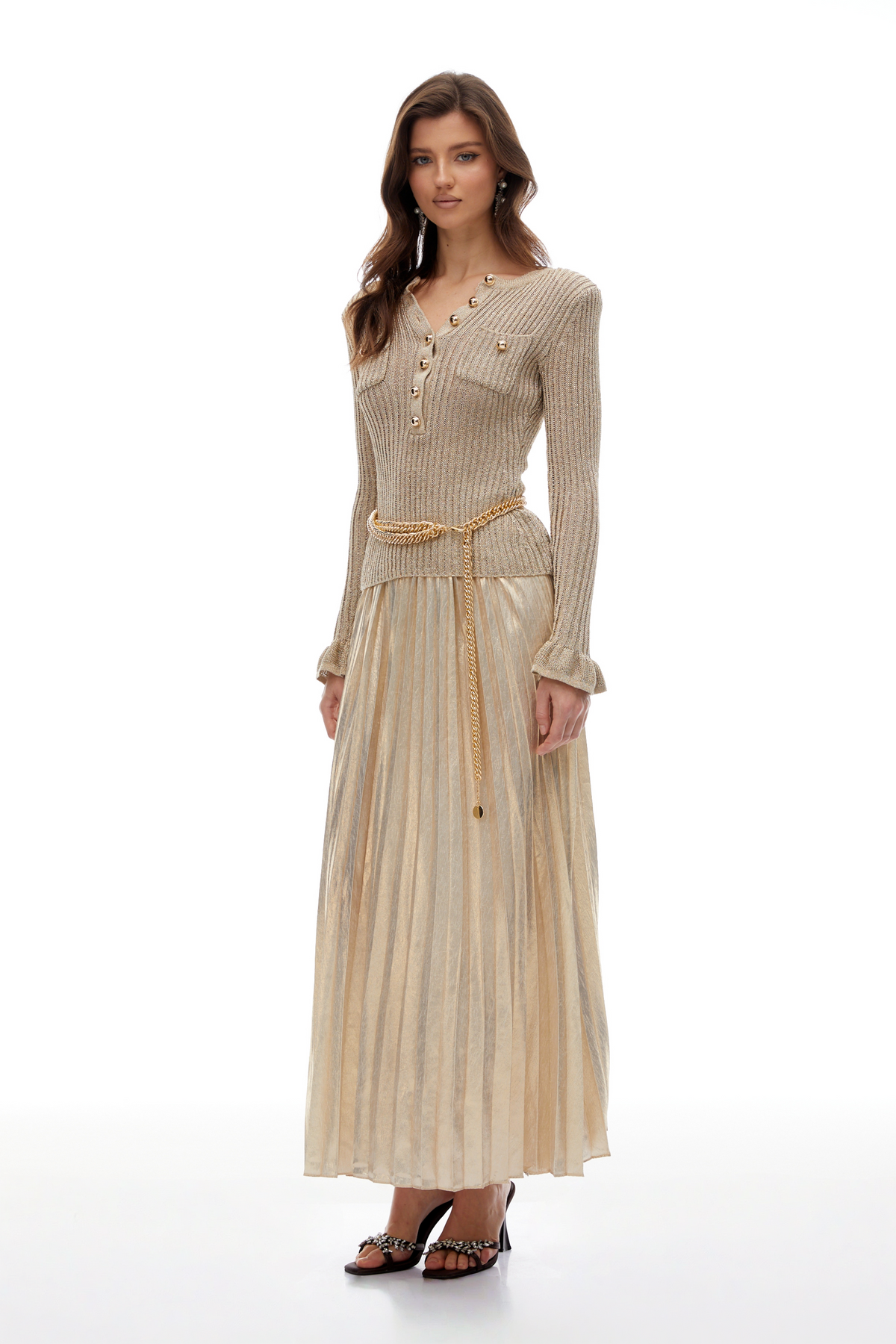 Hermosa Metalik Örme Pilili Maxi Elbise Altın