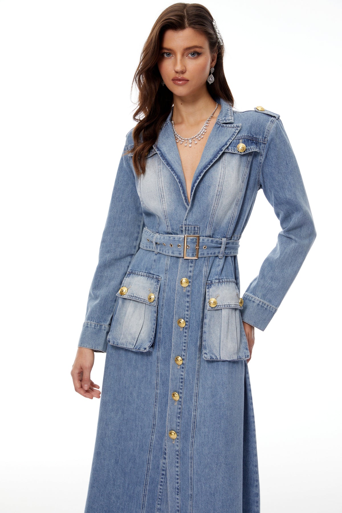 Tyra Yıkama Efektli Denim Maksi Elbise Mavi