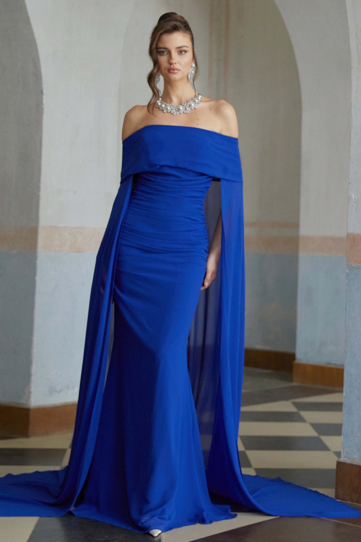 Jovie Pelerin Detaylı Drape Maxi Elbise Mavi