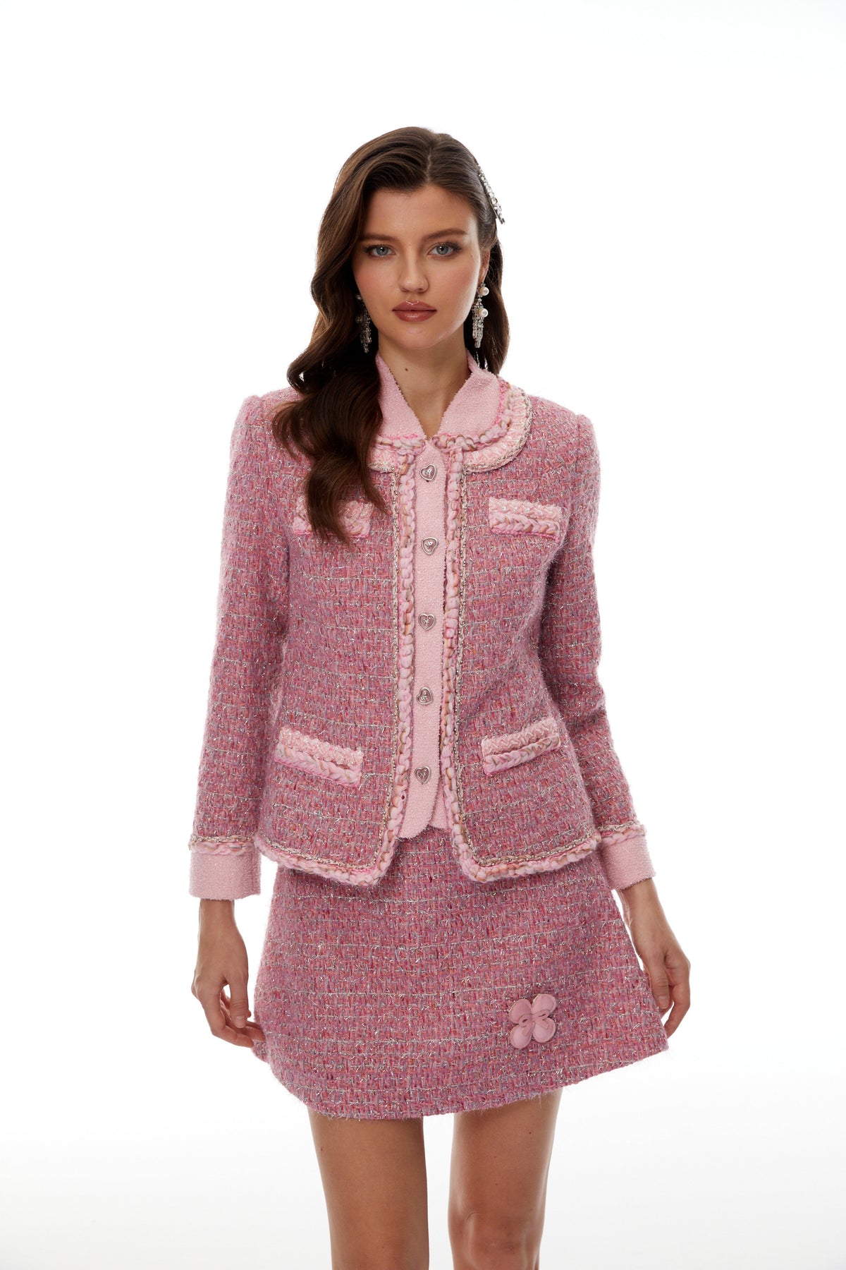 Carol Tüvit Ceket ve 3D Yaprak Detaylı Etek Takım Pembe