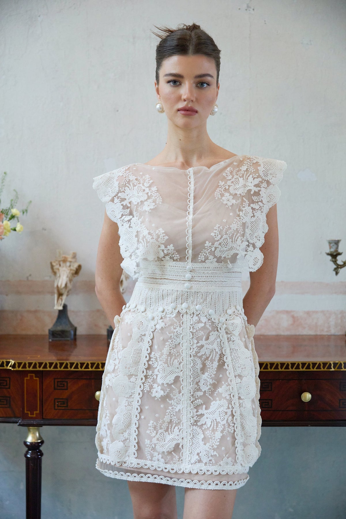 Maïa Çiçek İşlemeli Dantel Mini Elbise Beyaz