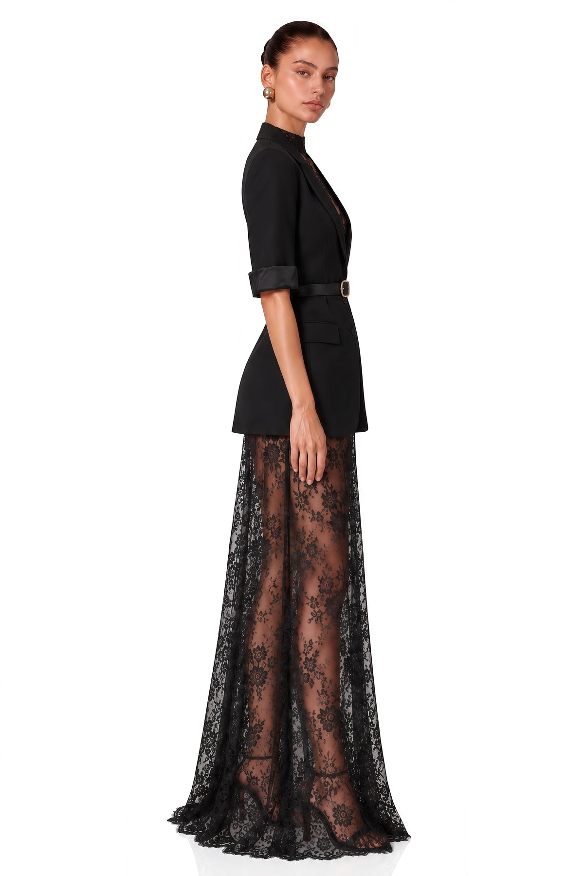 Natalia Blazer ve Dantelli Maxi Elbise Takım Siyah