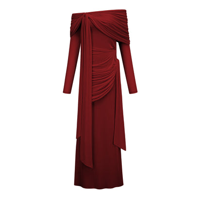 Juniper Düşük Omuzlu Drape Detaylı Maksi Elbise Kırmızı