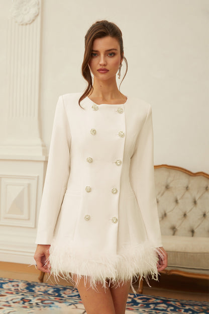 Freja Tüy Detaylı Mini Blazer Elbise Beyaz