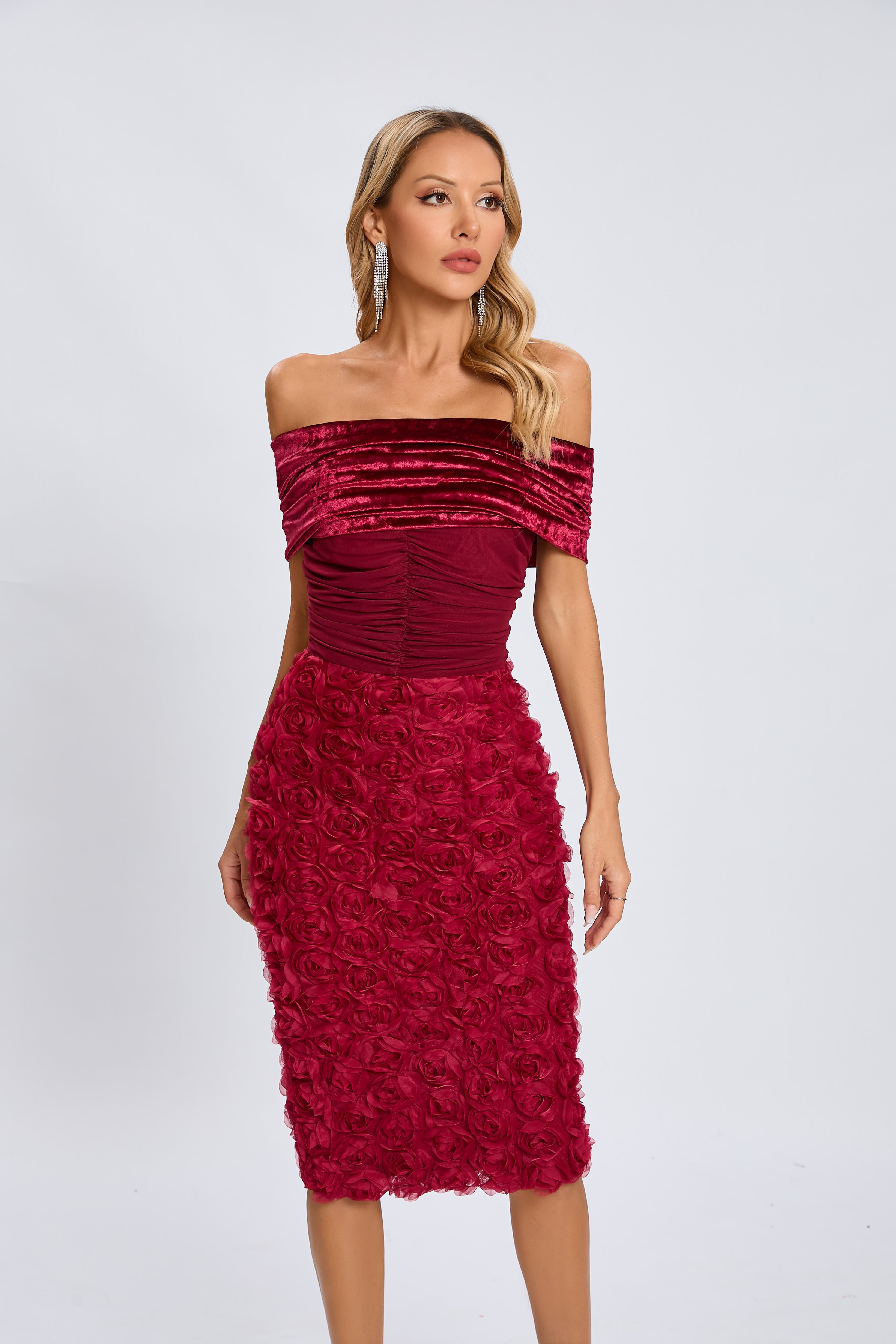 Taylor Kadife Gül Midi Elbise