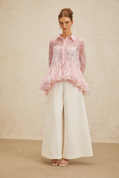 Ingrid Çiçekli Dantel Peplum Bluz Pembe