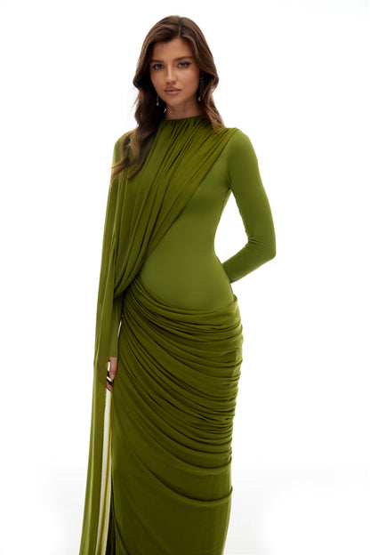Emilia Asimetrik Kurdele Detaylı Drape Maksi Elbise Yeşil