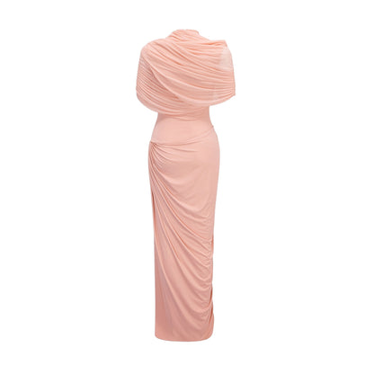 Catherine Asimetrik Pileli Maxi Elbise Pembe