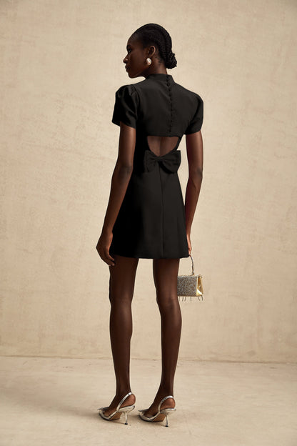 Anna Petal Kollu Sırt Dekolteli Fiyonklu Mini Elbise Siyah