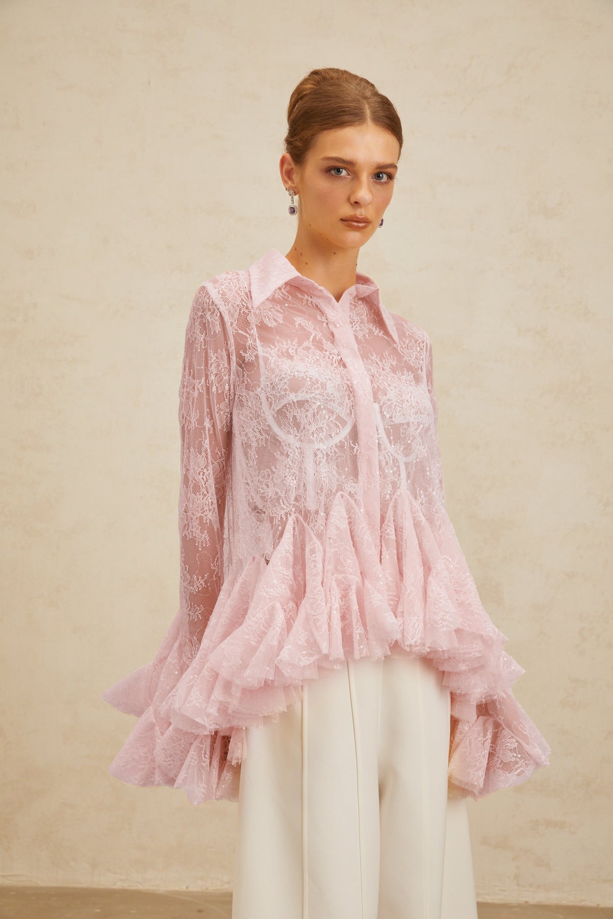 Ingrid Çiçekli Dantel Peplum Bluz Pembe