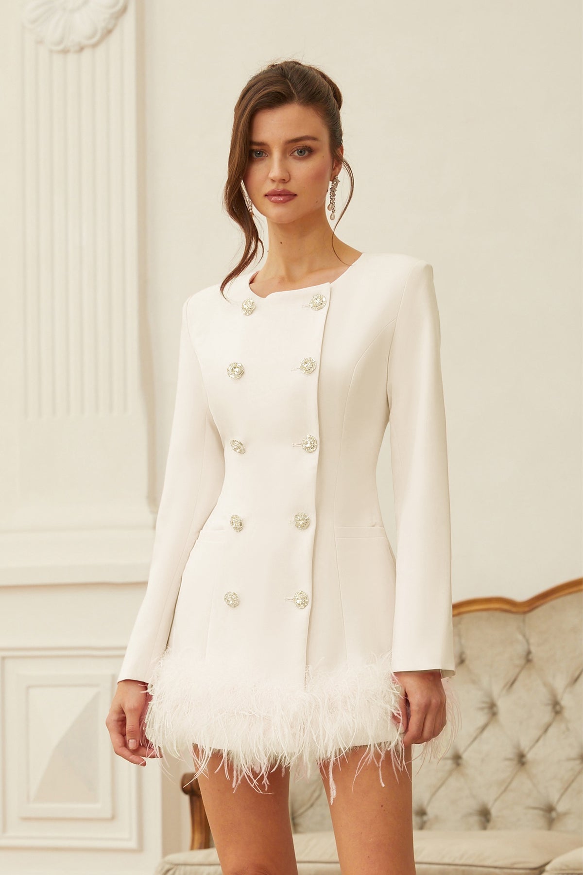 Freja Tüy Detaylı Mini Blazer Elbise Beyaz