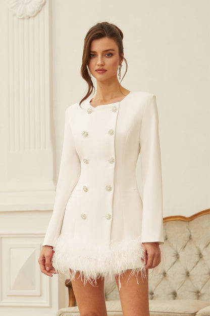 Freja Tüy Detaylı Mini Blazer Elbise Beyaz