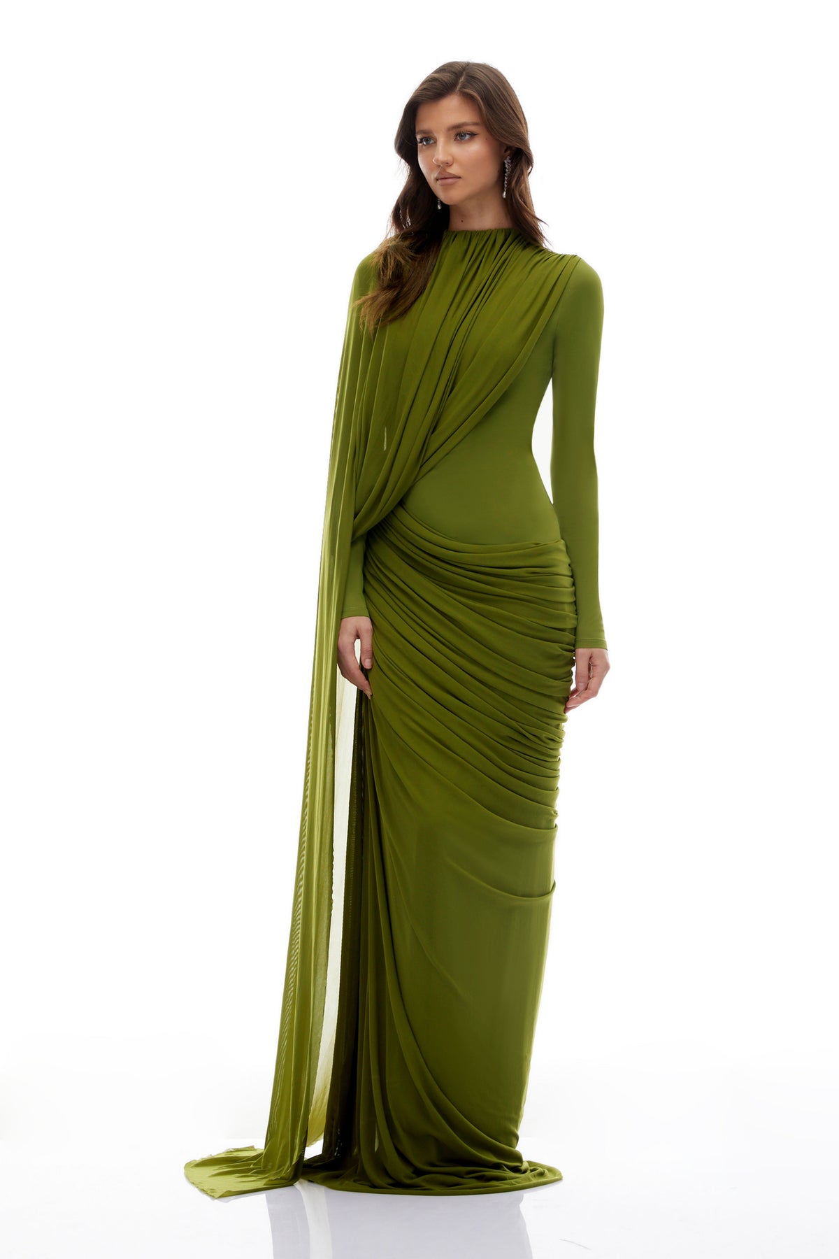 Emilia Asimetrik Kurdele Detaylı Drape Maksi Elbise Yeşil