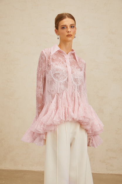 Ingrid Çiçekli Dantel Peplum Bluz Pembe