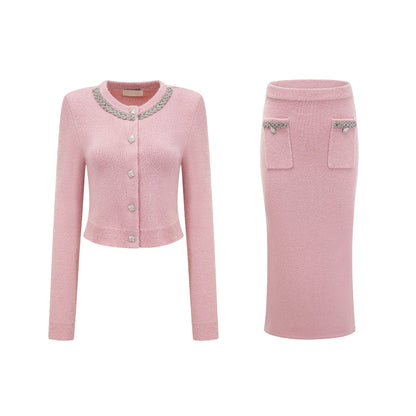 Renée Kristal Detaylı Ceket ve Etek Takım Pembe