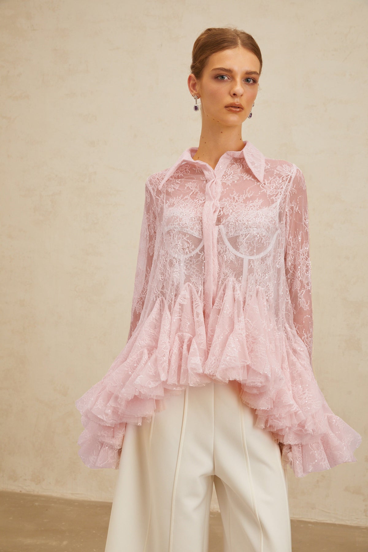 Ingrid Çiçekli Dantel Peplum Bluz Pembe