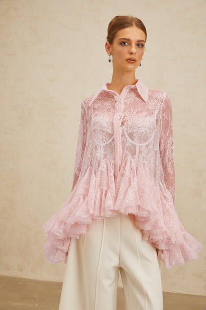 Ingrid Çiçekli Dantel Peplum Bluz Pembe