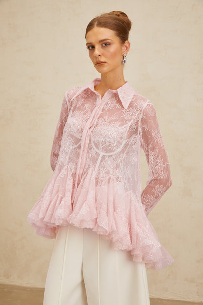 Ingrid Çiçekli Dantel Peplum Bluz Pembe