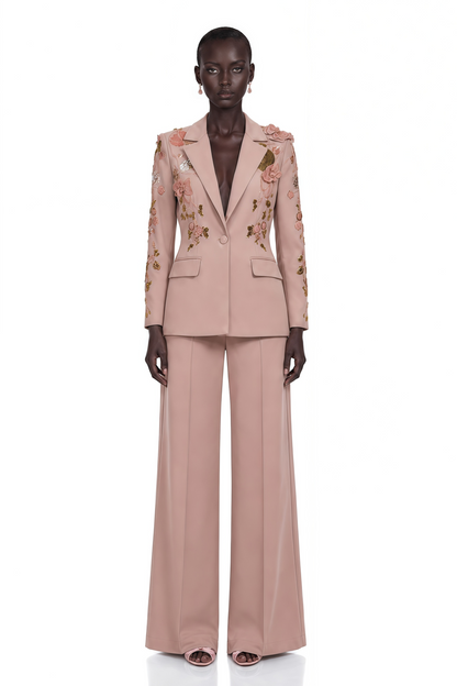 Morgane Payet ve Çiçek Detaylı Blazer Pantolon Takım Pembe