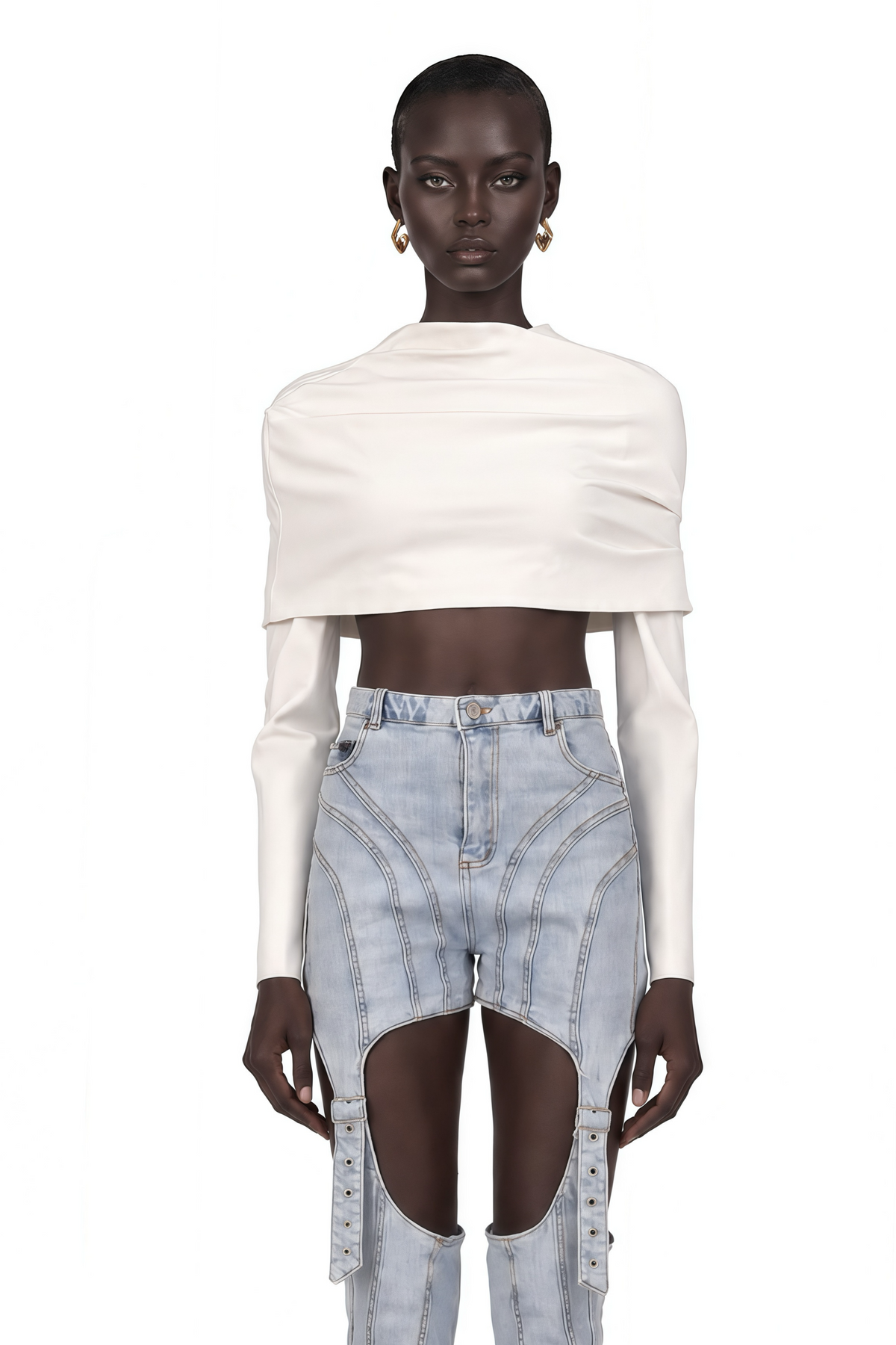 Hanna Büzgü Detaylı Düşük Omuz Crop Bluz Beyaz