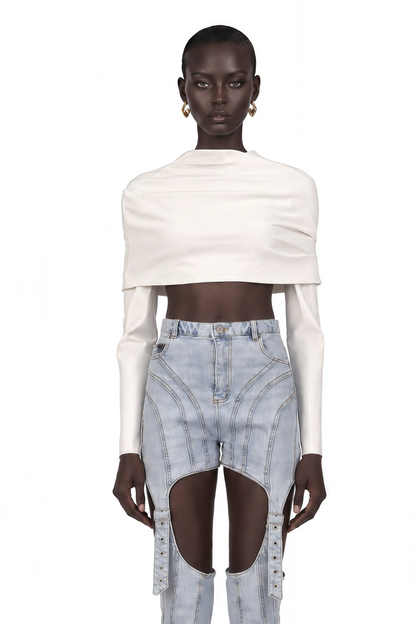 Hanna Büzgü Detaylı Düşük Omuz Crop Bluz Beyaz