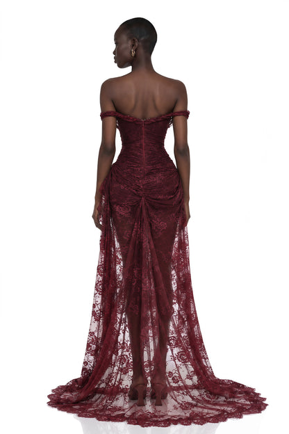 Eline Drape Detaylı Çiçekli Dantel Maxi Elbise Bordo