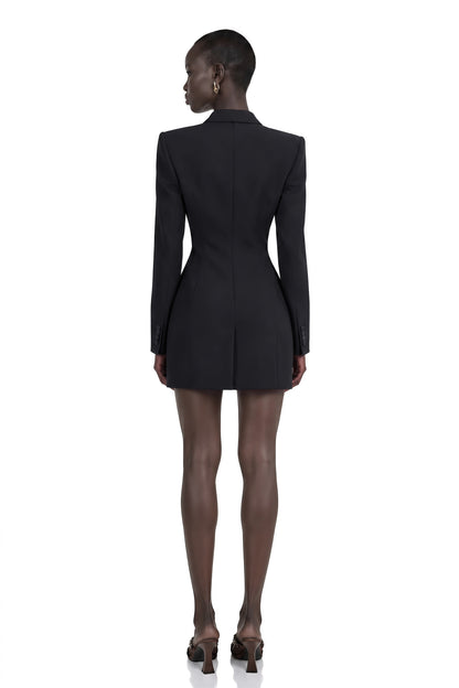 Joséphine Saten Yaka V Yaka Mini Blazer Elbise Siyah