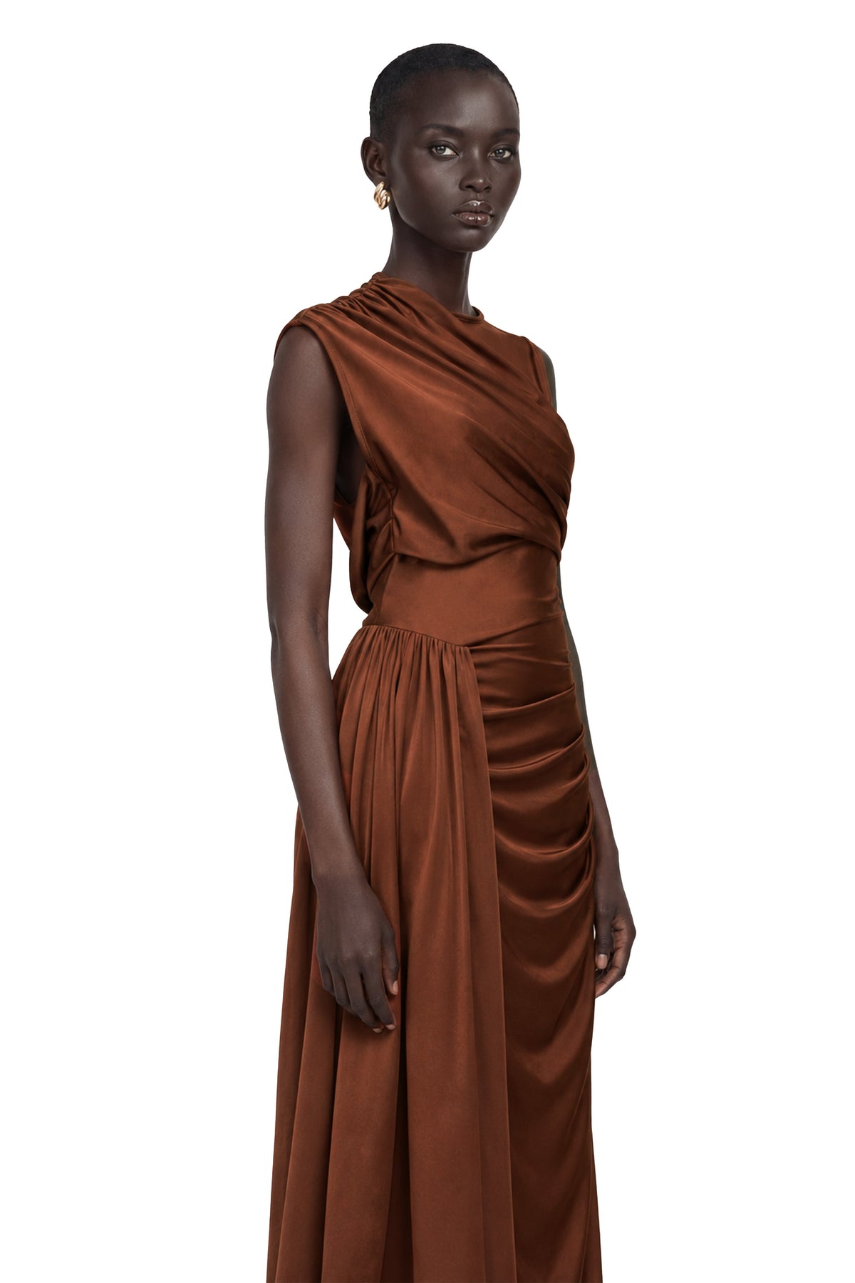 Reine Asimetrik Büzgülü Maksi Elbise Kahverengi