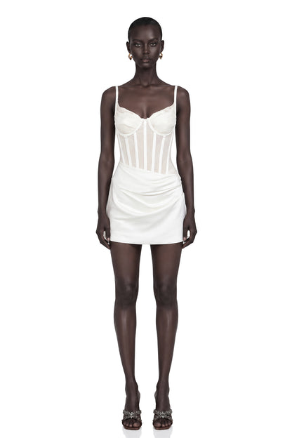Eufrosina Dantel Panelli ve Büzgülü Mini Elbise Beyaz