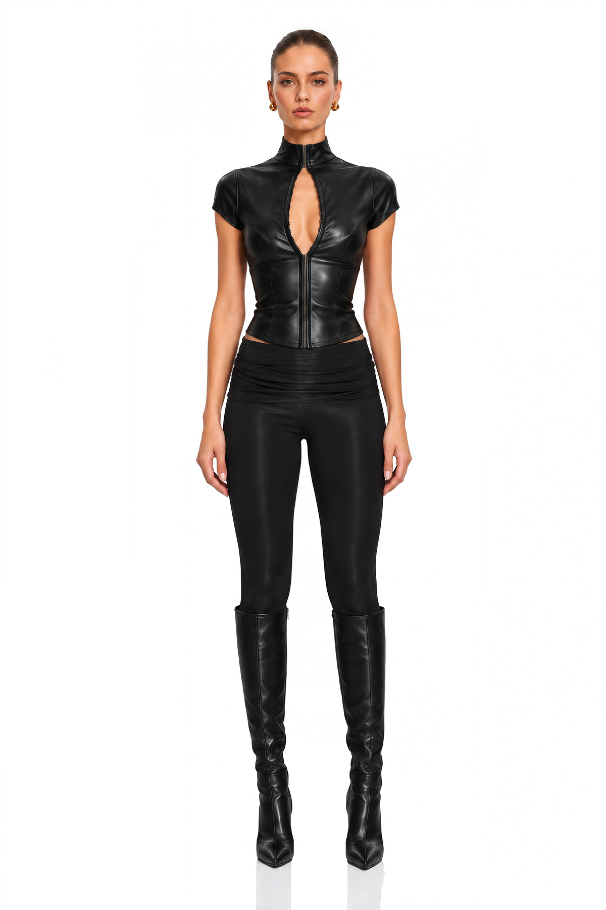 Trine Cut Out Deri Crop Büstiyer Siyah