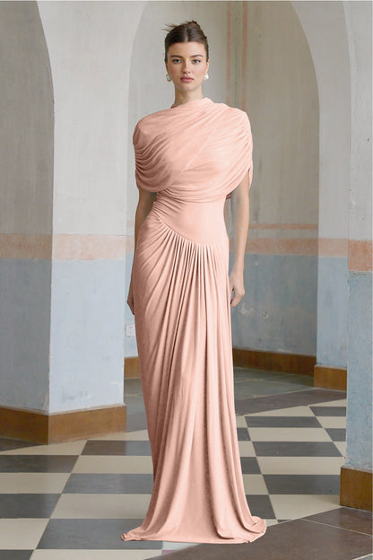 Catherine Asimetrik Pileli Maksi Elbise Pembe