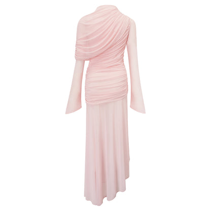 Garance Asimetrik Büzgülü Tül Maxi Elbise Pembe