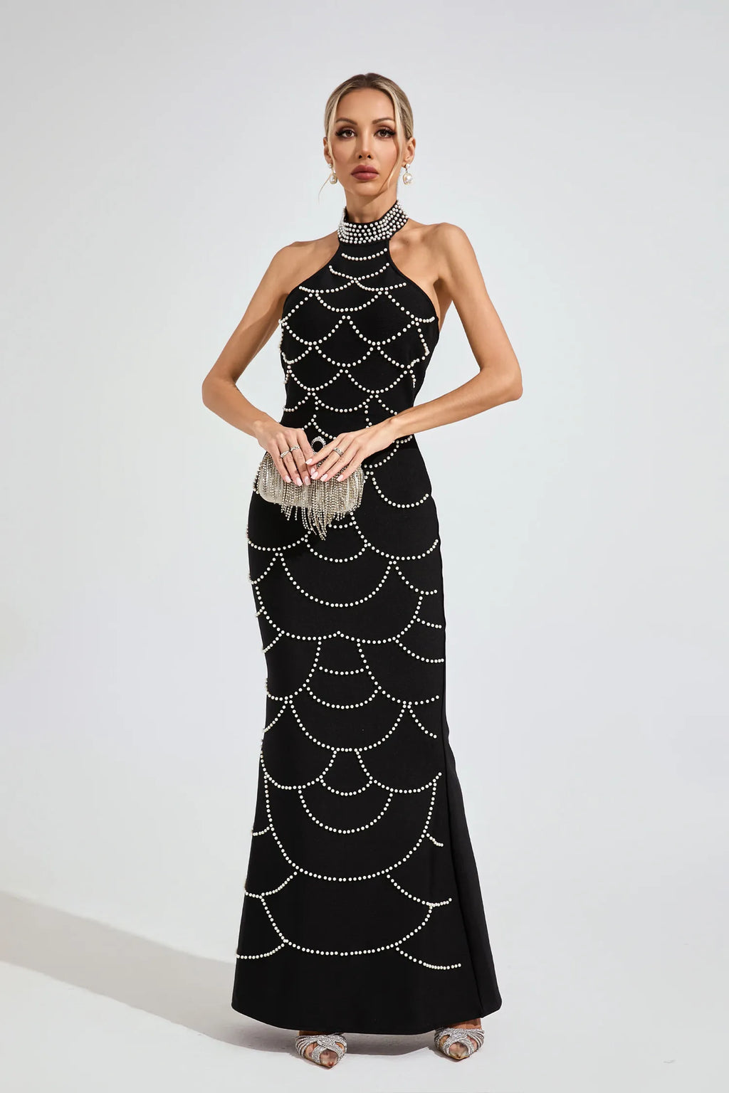 Imogen Siyah İnci Halter Bandaj Maxi Elbise