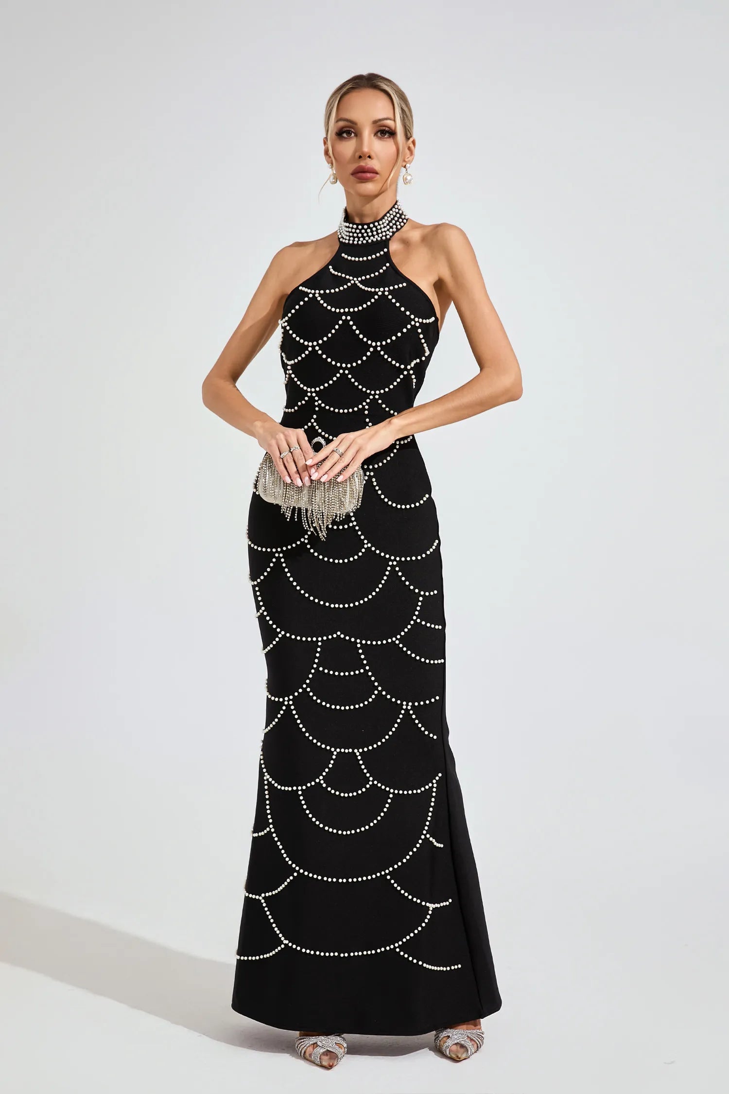 Imogen Siyah İnci Halter Bandaj Maxi Elbise