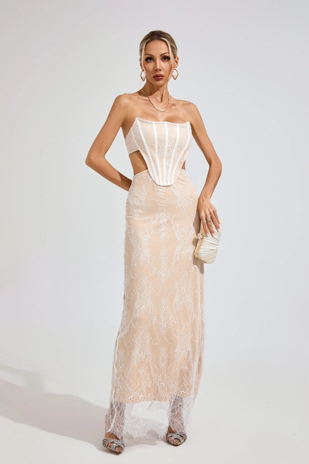 Ayodele Bej Dantel Off-Shoulder Maxi Elbise