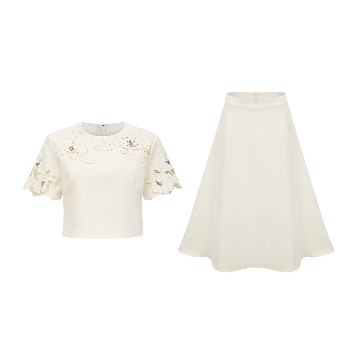 Coralie 3D Taç Yaprak ve Kristal Detaylı Üst ve Etek Takım Nötr
