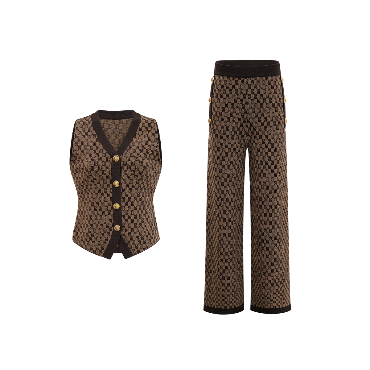 Cyrielle Monogram Jakarlı Üst ve Pantolon Takım Kahverengi