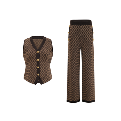 Cyrielle Monogram Jakarlı Üst ve Pantolon Takım Kahverengi