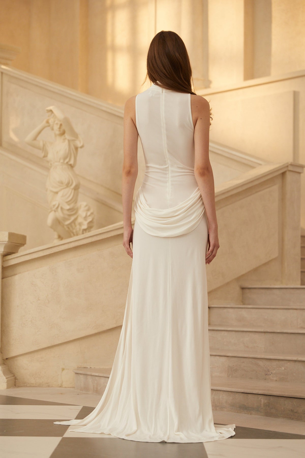 Mystérieuse Drape Detaylı Balıkçı Yaka Maxi Elbise Beyaz