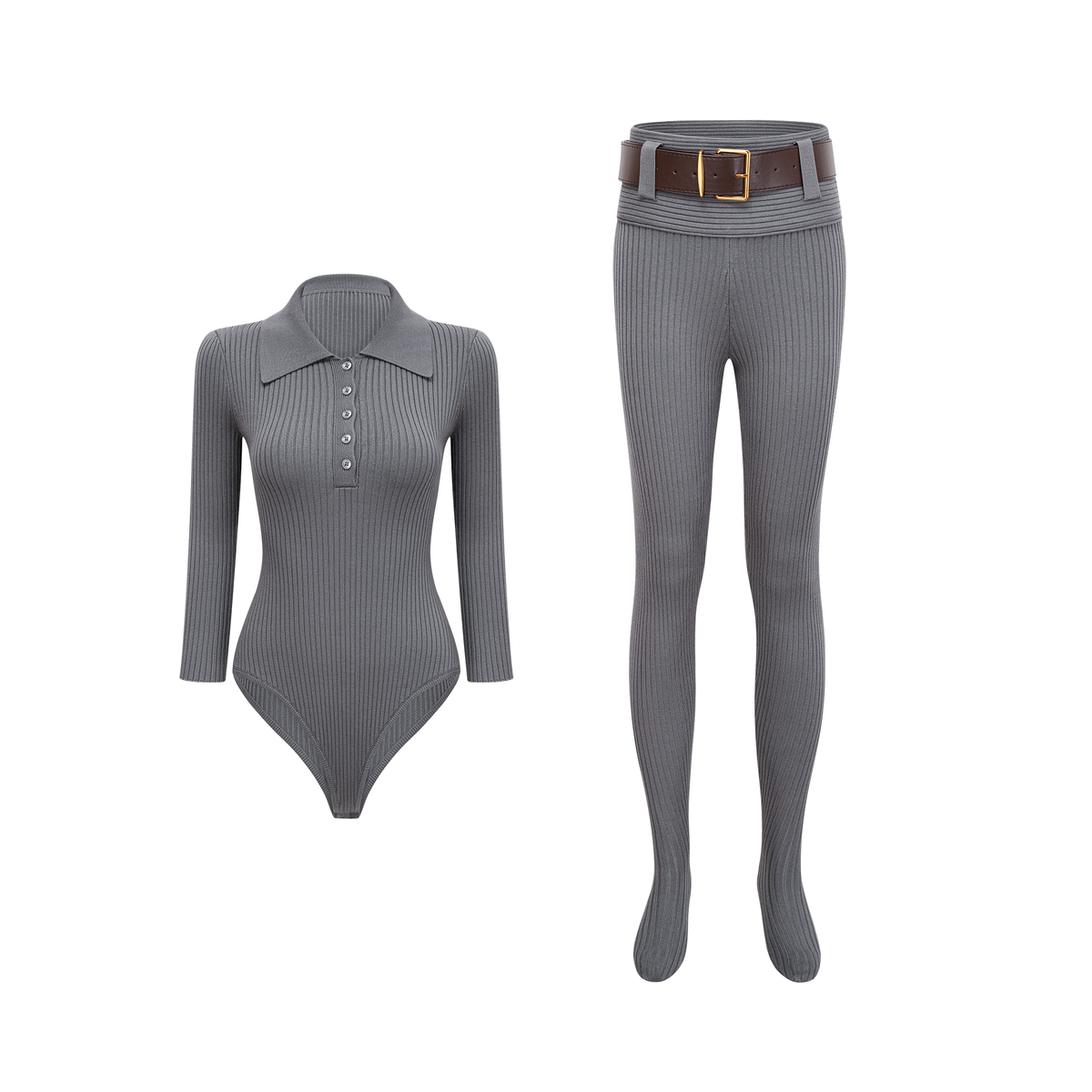 Claire Ribana Örgü Body ve Pantolon Takımı Gri