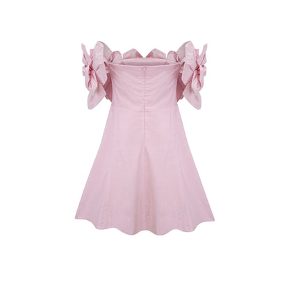 Juliette Düşük Omuz 3D Çiçek Detaylı Mini Elbise Pembe