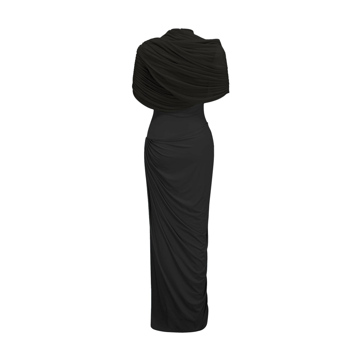 Catherine Pile ve Drape Detaylı Asimetrik Maksi Elbise Siyah
