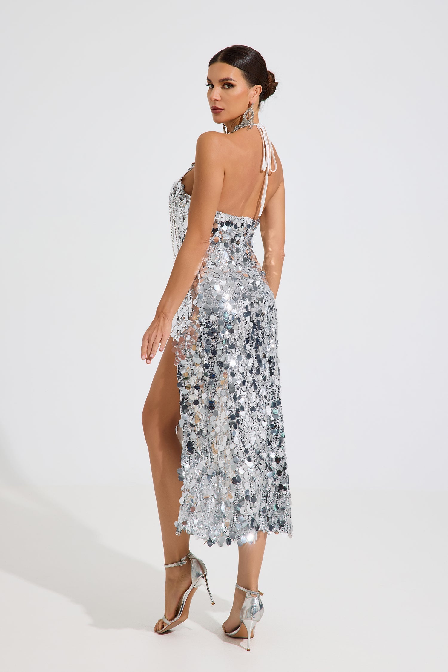 Elridge Ayna Payetli Halter Maxi Elbise