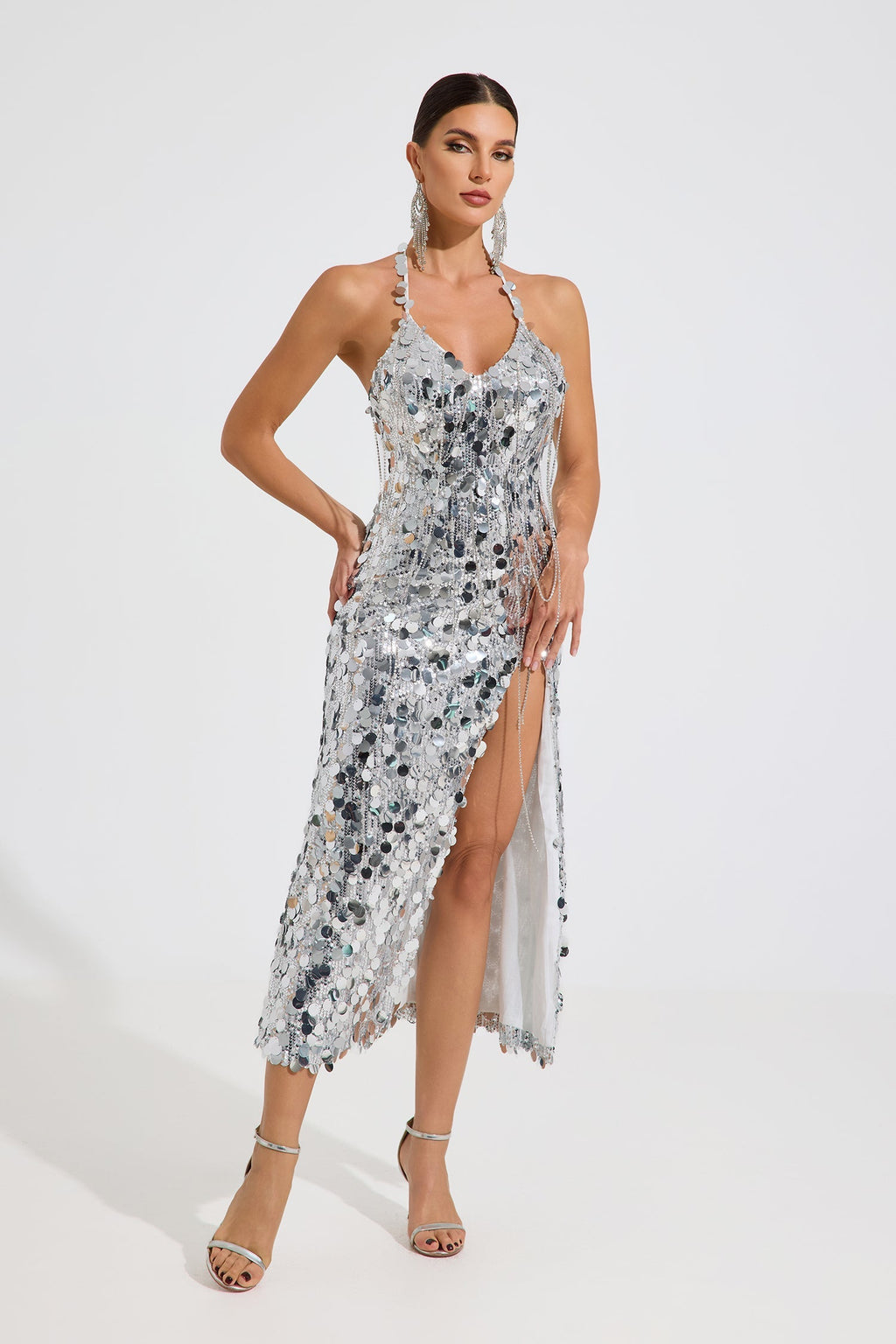 Elridge Ayna Payetli Halter Maxi Elbise