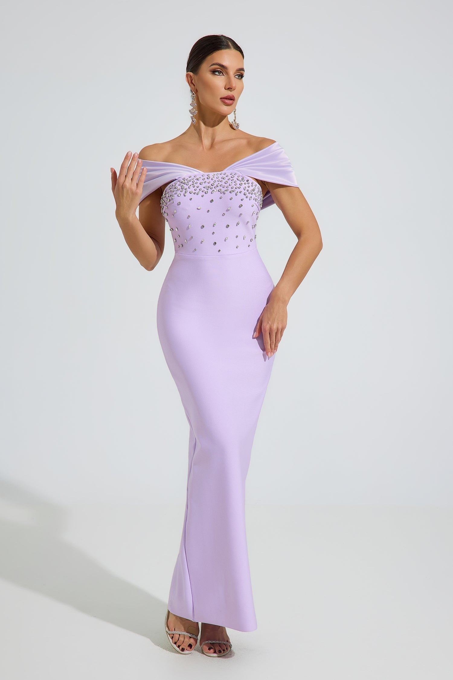 Ok Off-Shoulder Kristal Maxi Elbise