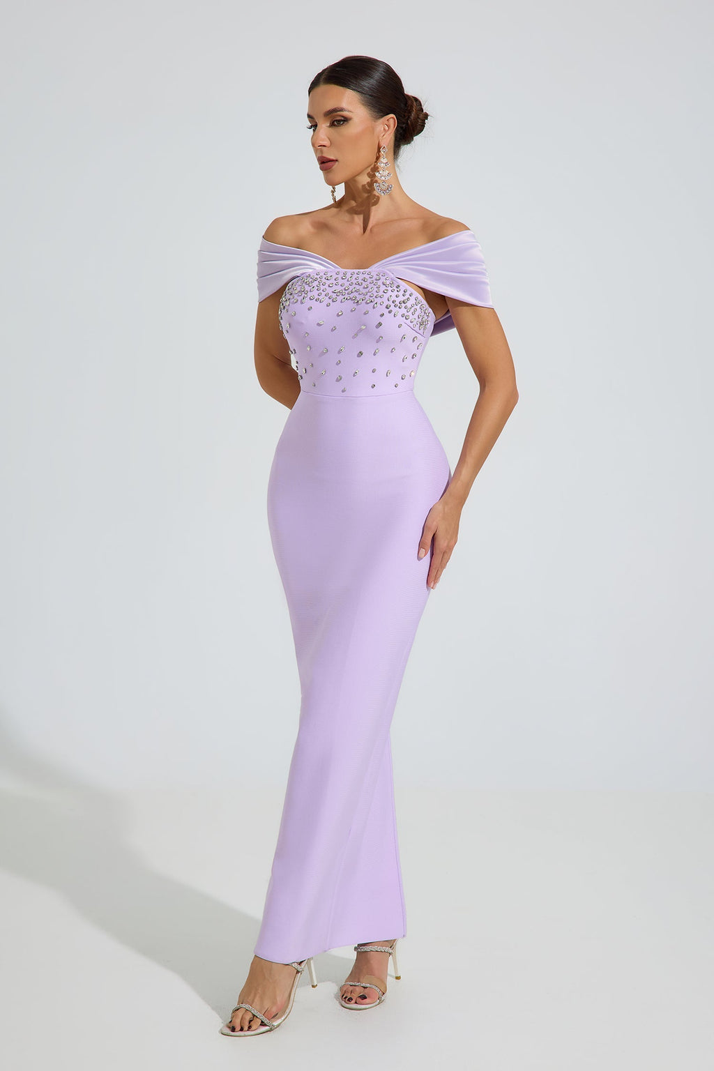 Ok Off-Shoulder Kristal Maxi Elbise