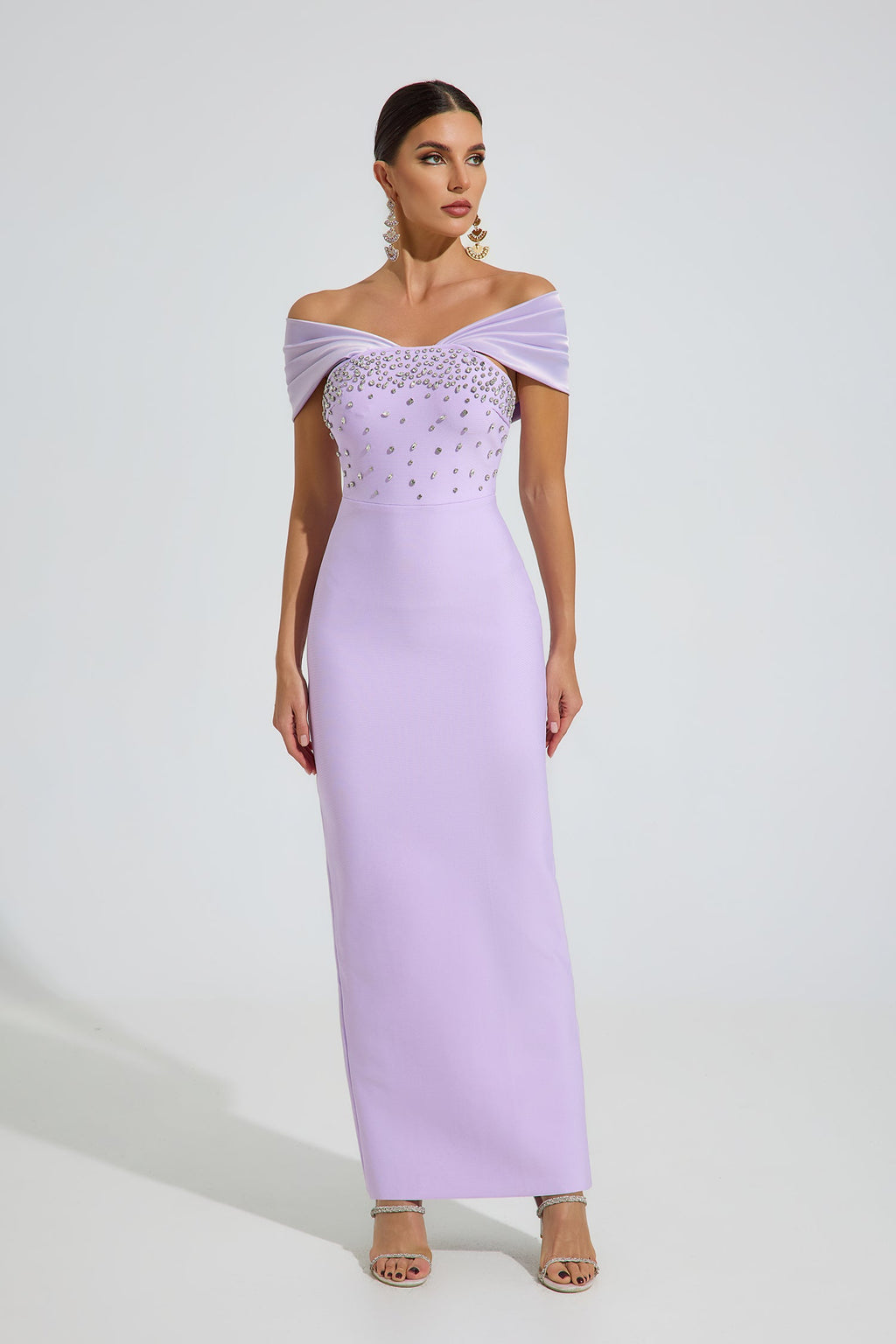 Ok Off-Shoulder Kristal Maxi Elbise