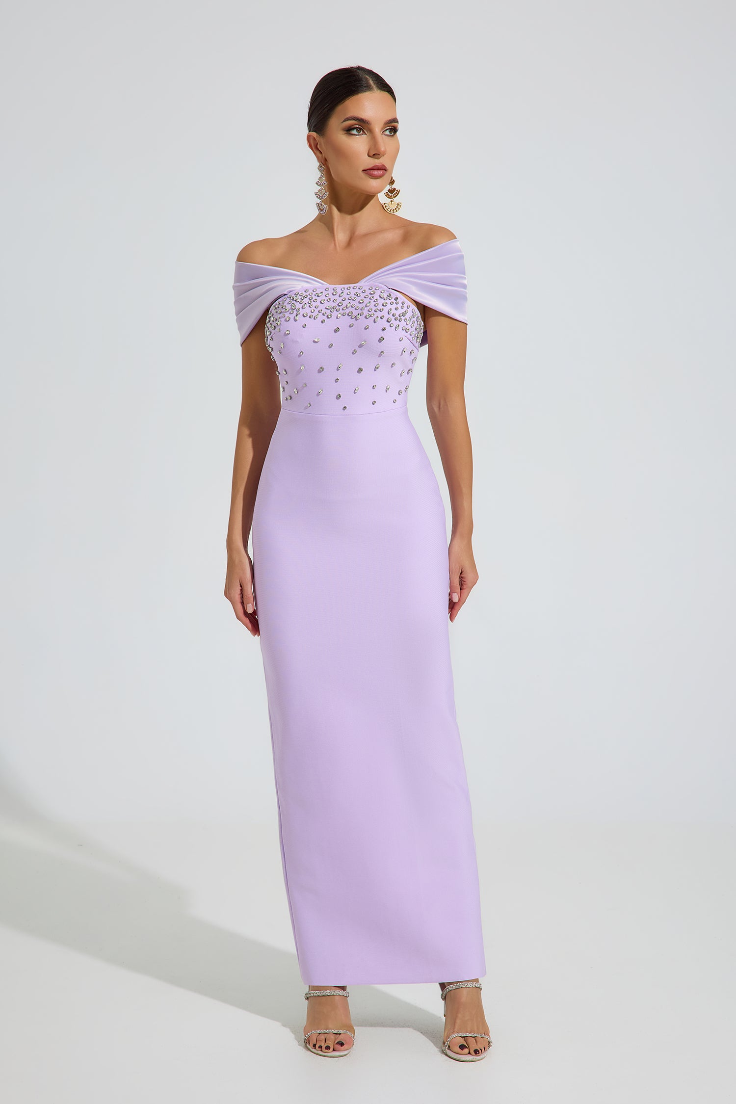 Ok Off-Shoulder Kristal Maxi Elbise