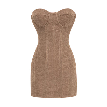 Orabelle Parlak Korse Detaylı Mini Elbise Bronz
